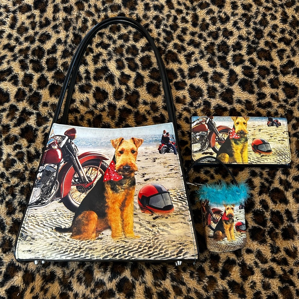 Vintage Y2K Airedale Terrier set Black Tote Bag with Dog & Motorcycle Print